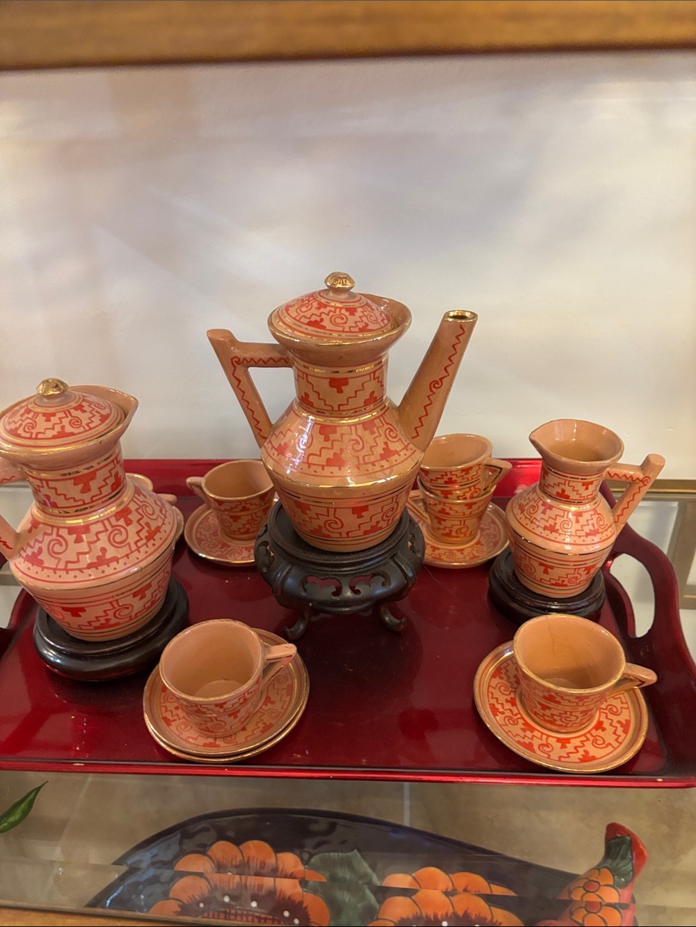 Orange Ceramic Tea Set with Gold Accents